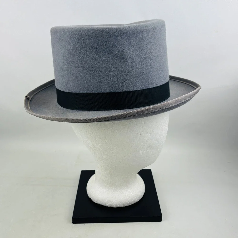 Vintage Planar Merino Wool Top Hat Mens M Light Gray Felt Black Band
